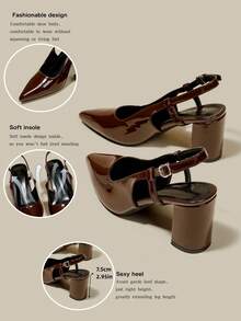 女士咖啡棕色漆皮尖头单带粗跟高跟鞋，优雅尖头正式高跟鞋，时尚露跟高跟鞋 - 咖啡棕 - 查看 2