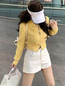 韩版甜美复古双拉链麻花针织开衫 - 黃色 - 查看 5