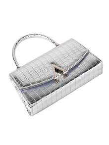 1pc Silver Crocodile Embossed PU Leather Women's Evening Bag, Decorated With Metal Beads, Suitable For Weddings, Parties, Galas And Other Occasions As Handbag/Shoulder Bag/Crossbody Bag - Silver - View 7
