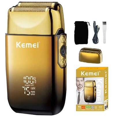 Kemei Afeitadora eléctrica de viaje KM-TX10, versión dorada, afeitadora eléctrica recargable inalámbrica para hombres, ideal para viajes, puede recortar el cabello y la barba, compacta y portátil