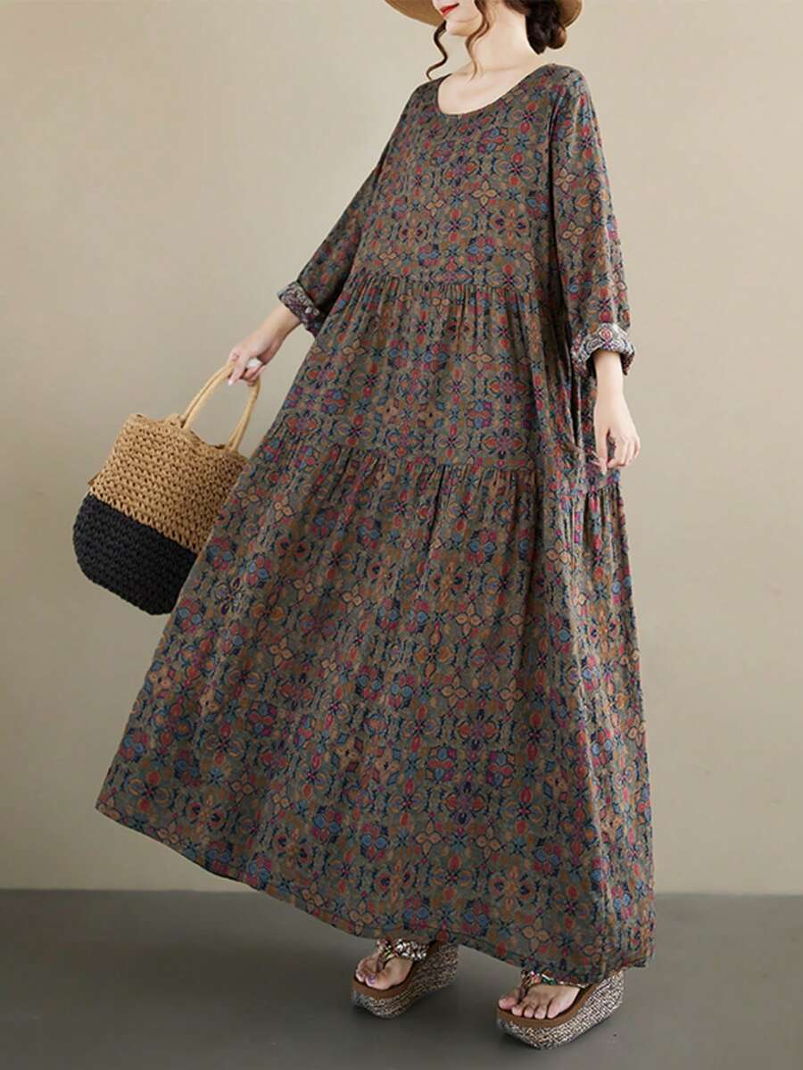 AZAH Festival de Primavera Chino, Tops 2026, Vestido Largo de Otoño, Vestido Suelto Plisado de Cuello Redondo y Manga Larga de Otoño, Vestido Casual Bohemio de Vacaciones Diarias, Vestido Retro de Talla Grande para Mujer, Un Vestido, Estampado Aleatorio - Café integral - Ver 1