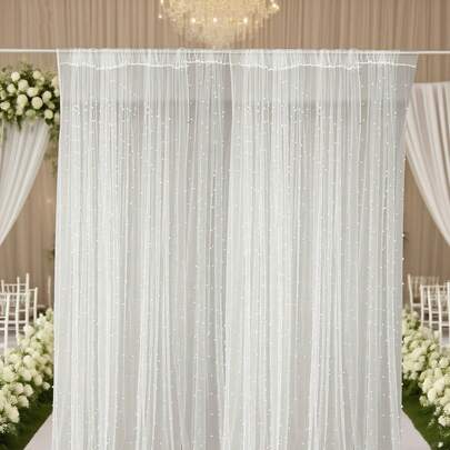 White Pearl Inlaid Sheer Curtains With Elegant Pearl Curtain Tiebacks,6.5Ft X 10Ft Tulle Fabric Lace Table Runners,Elegant Wedding & Party Decor,Panels Solid Color White Sheer Window Curtains,Boho Rustic Tablecloth For Bridal Shower Birthday Party Wedding Arch Aisle Veil Dessert Table Decor Bedroom Living Room.