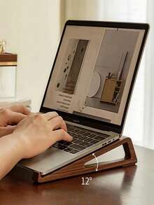 便携式可折叠木制笔记本电脑支架 - 符合人体工程学的角度调节（12°），具有散热通风功能，三角形木质托盘适用于平板电脑和迷你笔记本电脑，紧凑的设计，自然饰面