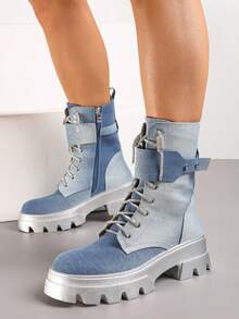 Botas plataforma casuais femininas com cadarços brilhantes
