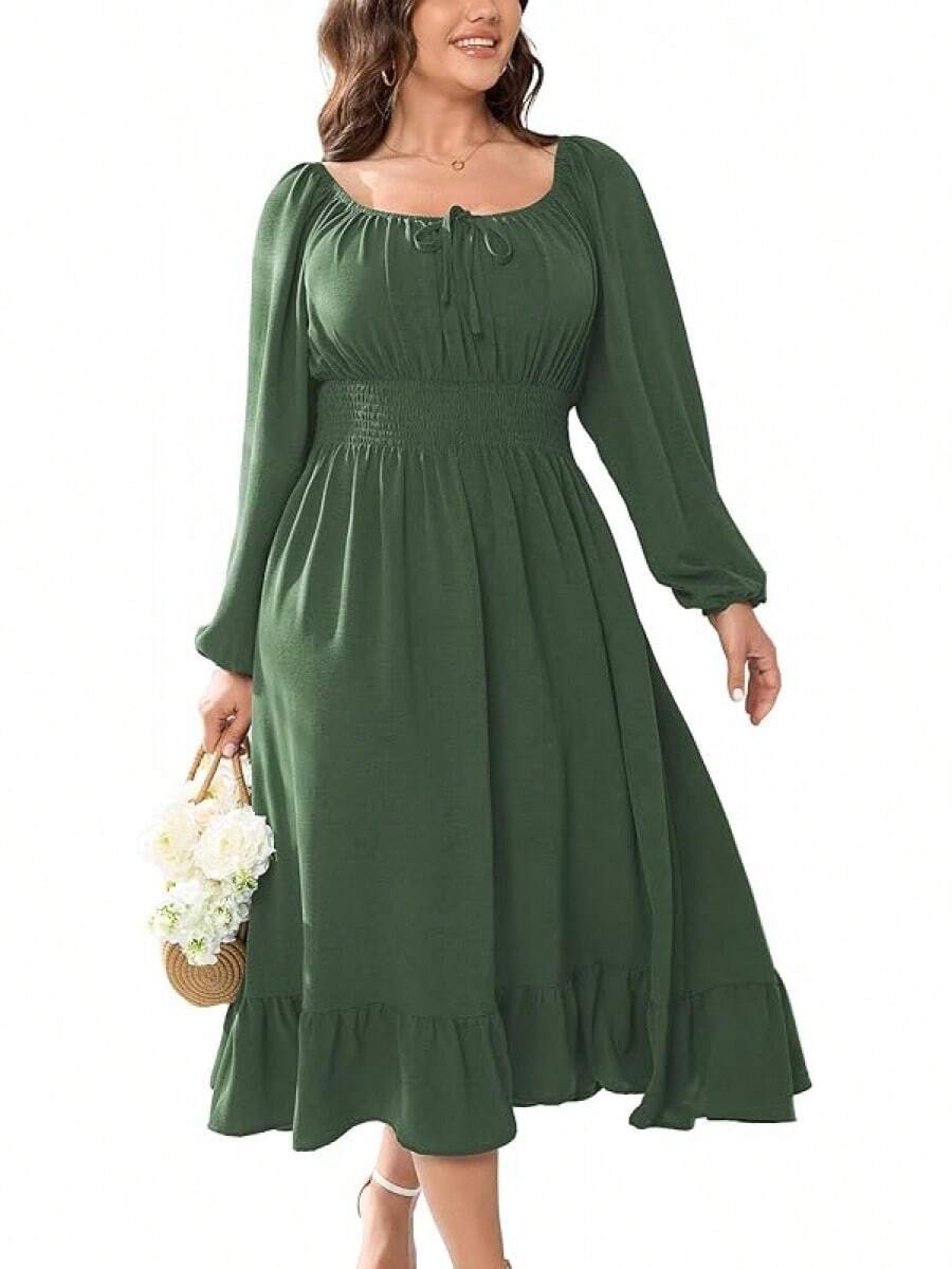 Women's Plus Size Midi Dress Long Sleeve Scoop Neck Elastic High Waist A Line Dresses Women Wedding Guest Dress - 軍綠色 - 查看 1