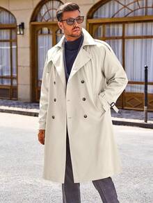 Runcati Mens Coat Double Breasted Long Casual Windbreaker Notched Lapel Belted Overcoat - Màu be - Xem 2