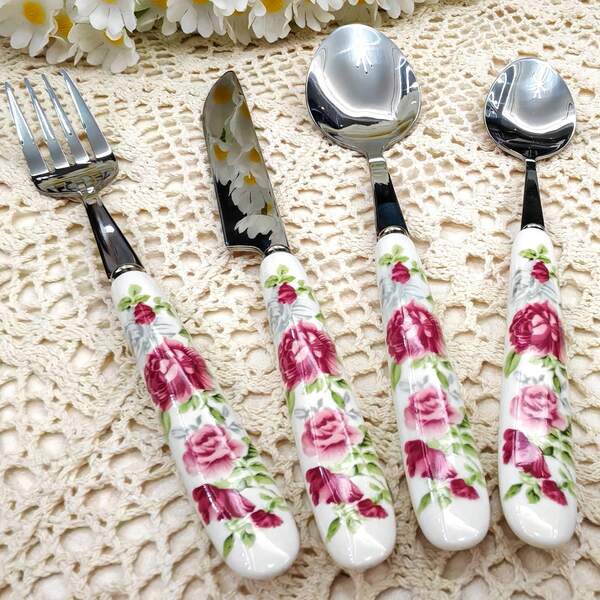 4/6/12/24 قطعة طقم أدوات مائدة من الفضة المقاومة للصدأ بطبعات زهرية فريدة وأنيقة، تشمل سكين ستيك، شوكة، ملعقة، مناسبة للتناول اليومي وتجمعات الأعياد والحفلات في العائلات والمطاعم والمطابخ