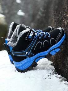 1 双儿童高帮雪地靴，保暖内衬加厚保暖户外靴，狼牙扣防滑登山鞋，男童女童冬季鞋 - 黑藍色 - 查看 2