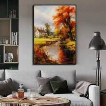 1/3pcs Nordic Autumn Landscape Canvas Oil Painting Red Forest Wooden House Home Living Room Bedroom Decoration Hanging Painting Optional Wooden Frame Wall Decoration - Multicolor - View 3