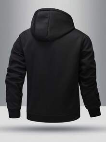 Teen Boys' Winter Versatile Minimalist Ribbed Cuff & Hem Design Zipper Pocket Thermal Lined Hooded Sweatshirt Jacket