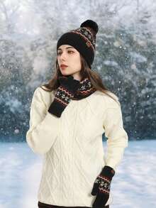 Set de 3 bucăți de iarnă, nou, gros și cald pentru femei, căciulă, mănuși și eșarfă cu model de fulg de zăpadă, perfect pentru activități în aer liber, cum ar fi schi, cumpărături și alpinism. - Negru - Vizualizare 2