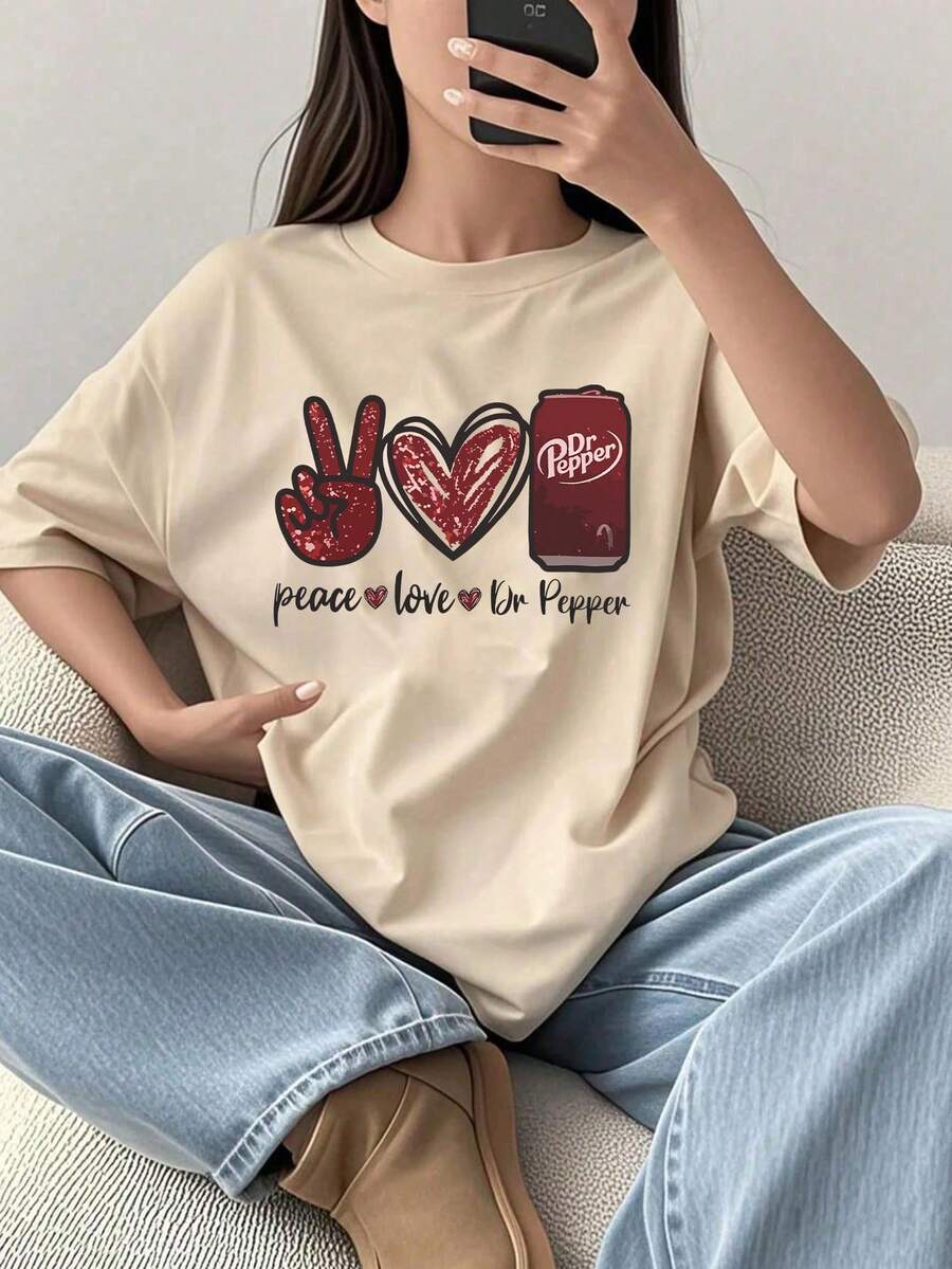 1 Pack Girls Casual Printed Crew Neck Short Sleeve T-Shirt Summer Student Youth Clothing - 杏色 - 查看 1