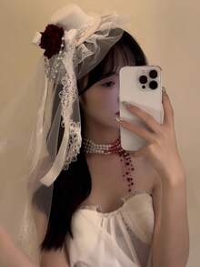 1pc Vintage Bridal Tea Party Headpiece - Floral Lace Veil With Red Rose Accents, Korean/Japanese Style Wedding Photography Parade Accessory, Hand Wash Only Polyester Hair Decor Halloween