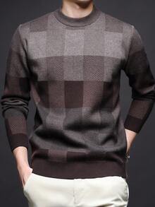 Men's Thick Round Neck Sweater, Business Casual Jacquard Knit Long Sleeve Top, Suitable For Layering Or Outerwear, Plaid & Striped Pattern, Autumn/Winter