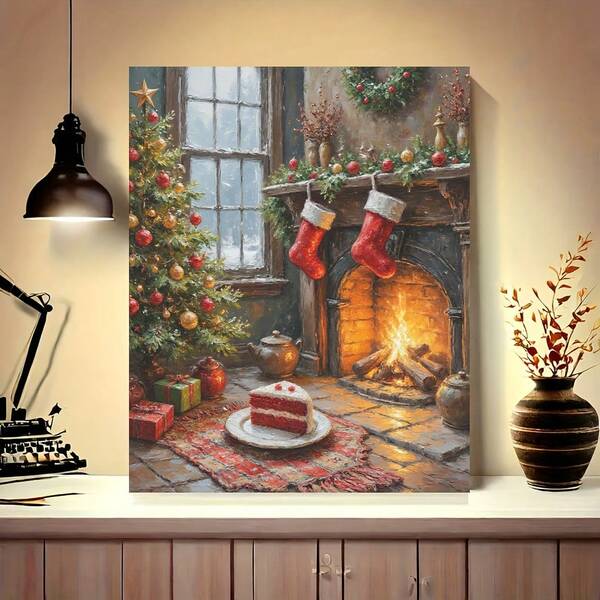 1 Christmas DIY Digital Oil Painting Set Featuring A Cosy Christmas Scene Including A Fireplace And Festively Decorated Stockings, Acrylic Paints And Brushes Included, Frames Not Included, Suitable For Home Decor, Family Events, Father's Day, Mother's Day And Festive Gifts.
