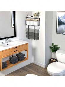 Bathroom Wall Mounted Storage Rack | Bathroom Towel Organizer Shelf | Floating Wall Shelf Wooden Tray | Bath & Beauty Products Storage | Installed By Expansion Screws | For Towel/Shampoo/Shower Gel/Toothbrush Cup Storage Bathroom Accessories - Black - View 4