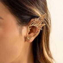 2pcs Elf Ear Jewelry, Butterfly Fairy Wing Ear Stud & Clip Combo, Fashionable Vintage Accessories For Daily Wear Halloween - Gold - View 2