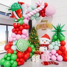 127 piezas Kit de arco de guirnalda de globos navideños, globos rosas, verdes y rojos, globo de foil de Papá Noel y bastón de caramelo para decoración de fiesta de cumpleaños y Navidad