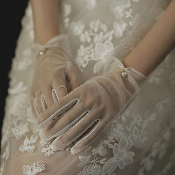 Dames geplooide tule mesh handschoenen bruiloft feest handschoenen korte gala avond handschoen