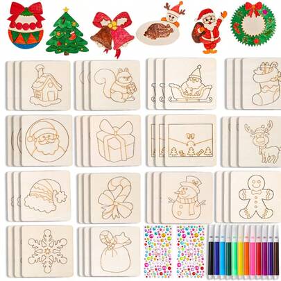 20件套圣诞木制绘画模板套装，涂色拼图，包含12支彩色笔、1张钻石贴纸，图案包括圣诞帽、袜子、姜饼人、雪人等，儿童DIY木制工艺品，适合作为圣诞节、万圣节、感恩节礼物。