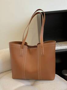 Fashionable & Versatile Simple Stitching Tote Bag - Brown - View 2