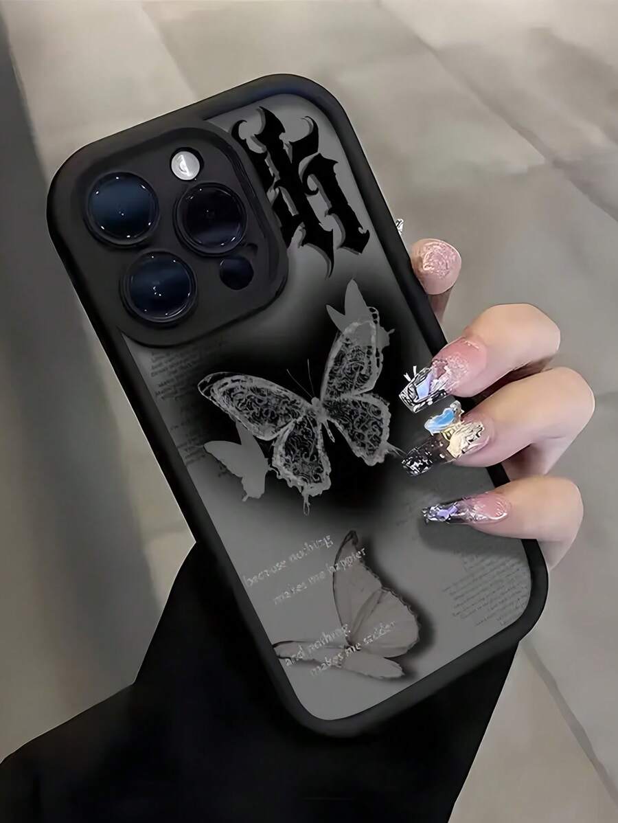 1 pieza Funda de teléfono a prueba de golpes con gráfico de mariposa inglesa negra de cobertura total de TPU, compatible con iPhone 16, 15, 14, 13, 12, 11 Pro Max y Series, resistente al agua y a los arañazos