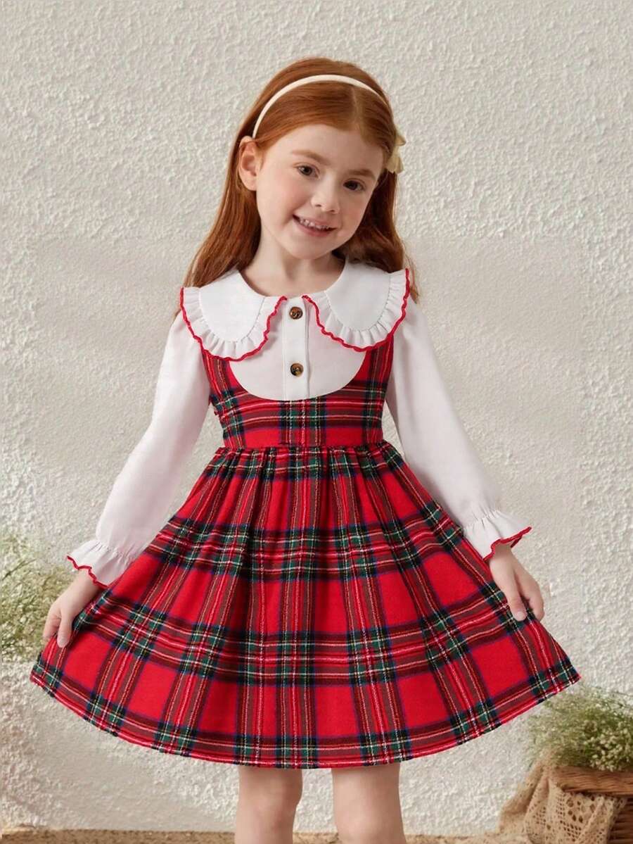 年轻女孩圣诞学院风红色格子领连衣裙，荷叶边领 + 撞色饰边，复古学院风，非常适合圣诞派对和学校活动，可爱甜美女孩必备，秋冬 - 酒紅色 - 查看 1