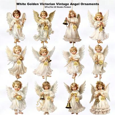 12/24 Vintage Christmas Angel Wooden Pendants - Artificial Wooden Ornaments With 2D Flat Design, Perfect For Home And Outdoor Holiday Decorations, Christmas Tree Decorations, Birthday Parties, And Thanksgiving And Christmas Parties.