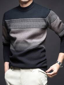 男士厚圆领毛衣，商务休闲提花针织长袖套头衫，适合分层穿着或外套，秋冬 - 黑色 - 查看 3