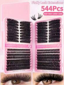 544pcs Cat Eye Individual Cluster False Eyelashes, 10-18mm, Suitable For Left & Right, Can Be Used In Pairs, Thick & Natural, Lightweight & Soft, Ultra-Light, Suitable For DIY Eyelash Extension, Suitable For Beginners, Daily Life, Gift Sets, Travel, Music Festivals, Also An Essential Decoration For Halloween, Christmas And Other Holidays - 彩色 - 查看 9