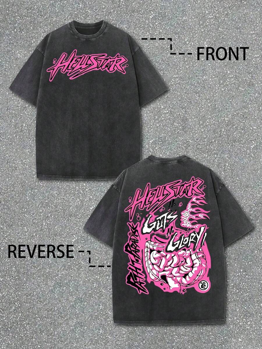 Uaddw Brand Y2k Retro Washed Cotton Double-Sided Fun Men's T-Shirt: Pink Punk Rebel Street Gatherings And Music Festivals - Suitable For Casual Wear, Street Fashion Parties And A Youthful Atmosphere, Men's T-Shirt With Street Style - màu đen - Xem 1