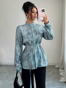 1pc Women's All-Over Print Button Front Pocket Belt Shirt, Everyday Wear, Spring/Autumn