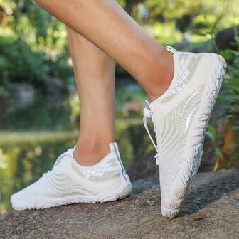 Women's Striped Ombre Five-Toe Shoes, Beach Water Shoes, Summer White Mesh Low-Top Shoes, Quick-Dry Wading Shoes, Barefoot Shoes, Suitable For Beach Vacation, Party, Camping, Water Sports, Rafting, Swimming, Summer