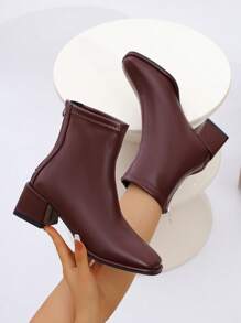 女士短靴，粗跟，高跟，白色细跟踝靴，法式风格 - 酒紅色 - 查看 4
