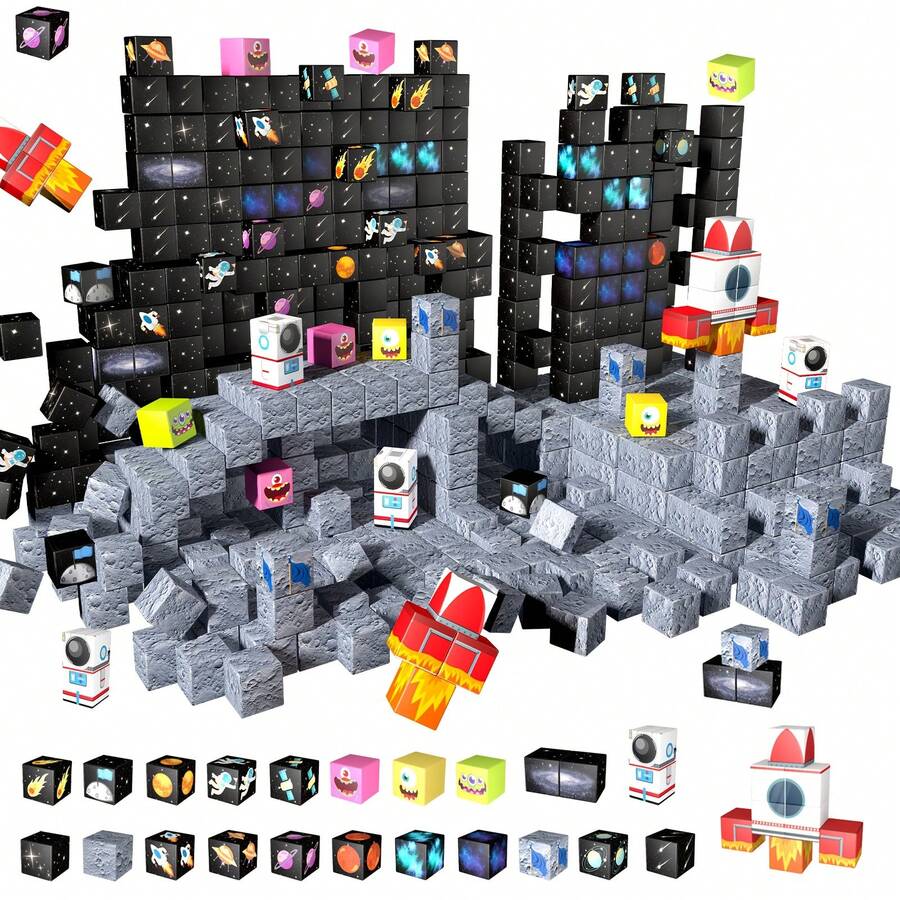 Space Rocket Magnetic Building Blocks | 200 PCS Space Adventure Magnetic Tile Set | STEM Montessori Sensory Toys For Toddlers 3+ Year Old Boys & Girls, Planets & Rockets | Creative Building Blocks For Space Exploration Birthday Gifts For Kids Ages 3+. - 彩色 - 查看 1