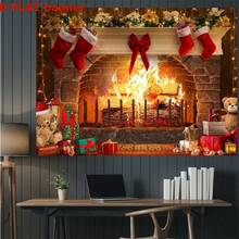Biểu ngữ phông nền lò sưởi Giáng sinh phẳng 2D, vải bền trang trí trong nhà/ngoài trời thích hợp cho tiệc Giáng sinh, đám cưới, sinh nhật và ngày lễ, trang trí ngày lễ đa chức năng để tạo bầu không khí ấm áp, hoàn chỉnh - Màu xanh lam - Xem 5