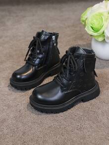 1双儿童新款黑色平底靴，幼儿马靴，朋克风格压花工艺侧拉链设计，适合2-15岁儿童，适合全年外出和聚会 - 黑色 - 查看 10