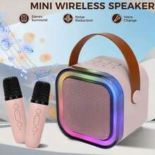 Wireless Portable Handheld Speaker With Led Light Atmosphere Effect, Support/Tf Card/Usb Playback. Comes With Two Wireless Microphones, Suitable For Home Party Karaoke. - Pink - View 1