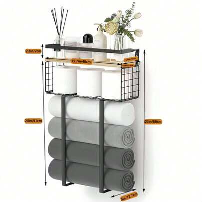 浴室壁挂式置物架 | 浴室毛巾收纳架 | 悬浮式木质托盘 | 洗浴用品收纳 | 膨胀螺丝安装 | 可用于收纳毛巾/洗发水/沐浴露/牙刷杯等浴室配件