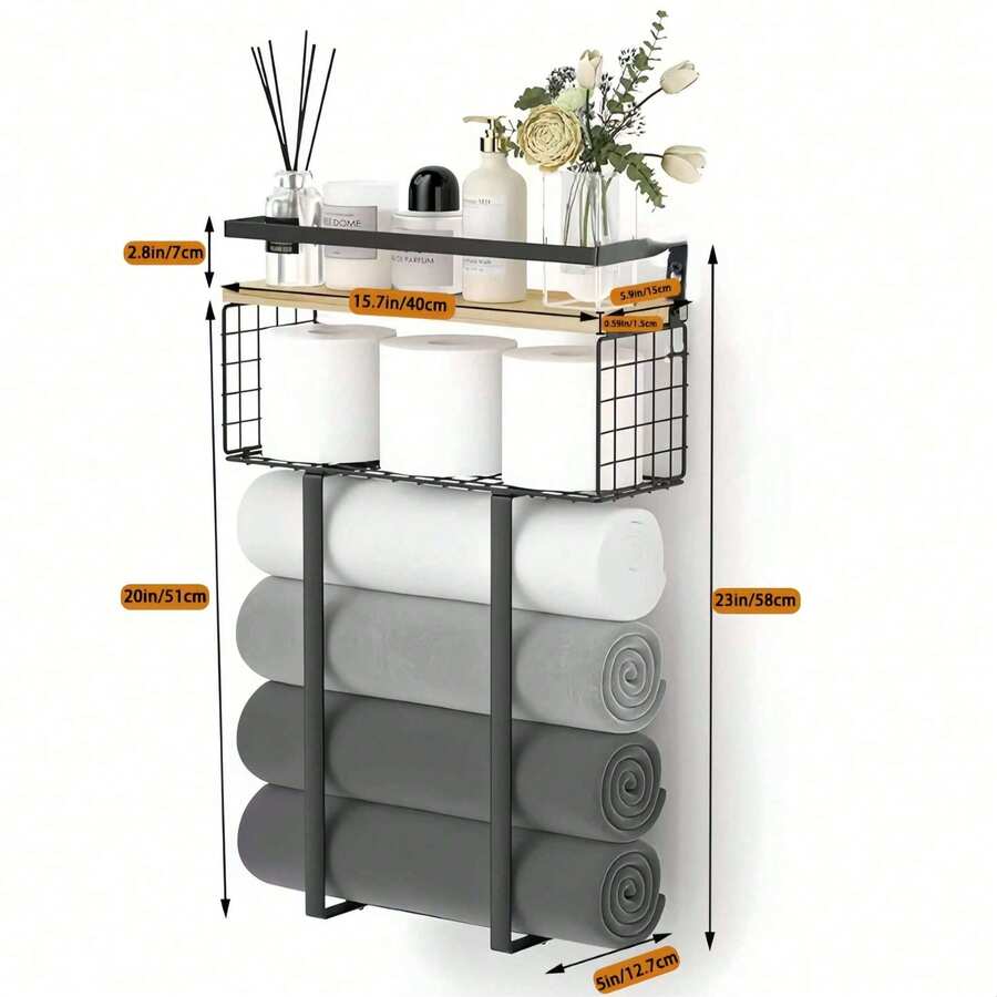 Bathroom Wall Mounted Storage Rack | Bathroom Towel Organizer Shelf | Floating Wall Shelf Wooden Tray | Bath & Beauty Products Storage | Installed By Expansion Screws | For Towel/Shampoo/Shower Gel/Toothbrush Cup Storage Bathroom Accessories - Black - View 1