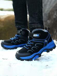 1 双儿童高帮雪地靴，保暖内衬加厚保暖户外靴，狼牙扣防滑登山鞋，男童女童冬季鞋 - 黑藍色 - 查看 5
