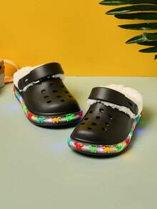 1 Pair Boys' Dinosaur EVA Thermal Lined Warm Anti-Slip Comfortable LED Light Up Casual Clogs, Suitable For Winter