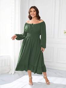 Women's Plus Size Midi Dress Long Sleeve Scoop Neck Elastic High Waist A Line Dresses Women Wedding Guest Dress - 軍綠色 - 查看 5