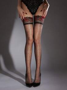 1双撞色蕾丝透明过膝长筒袜，亮面波点超薄1D修身舒适袜