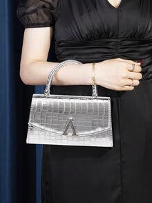 1pc Silver Crocodile Embossed PU Leather Women's Evening Bag, Decorated With Metal Beads, Suitable For Weddings, Parties, Galas And Other Occasions As Handbag/Shoulder Bag/Crossbody Bag - Silver - View 2