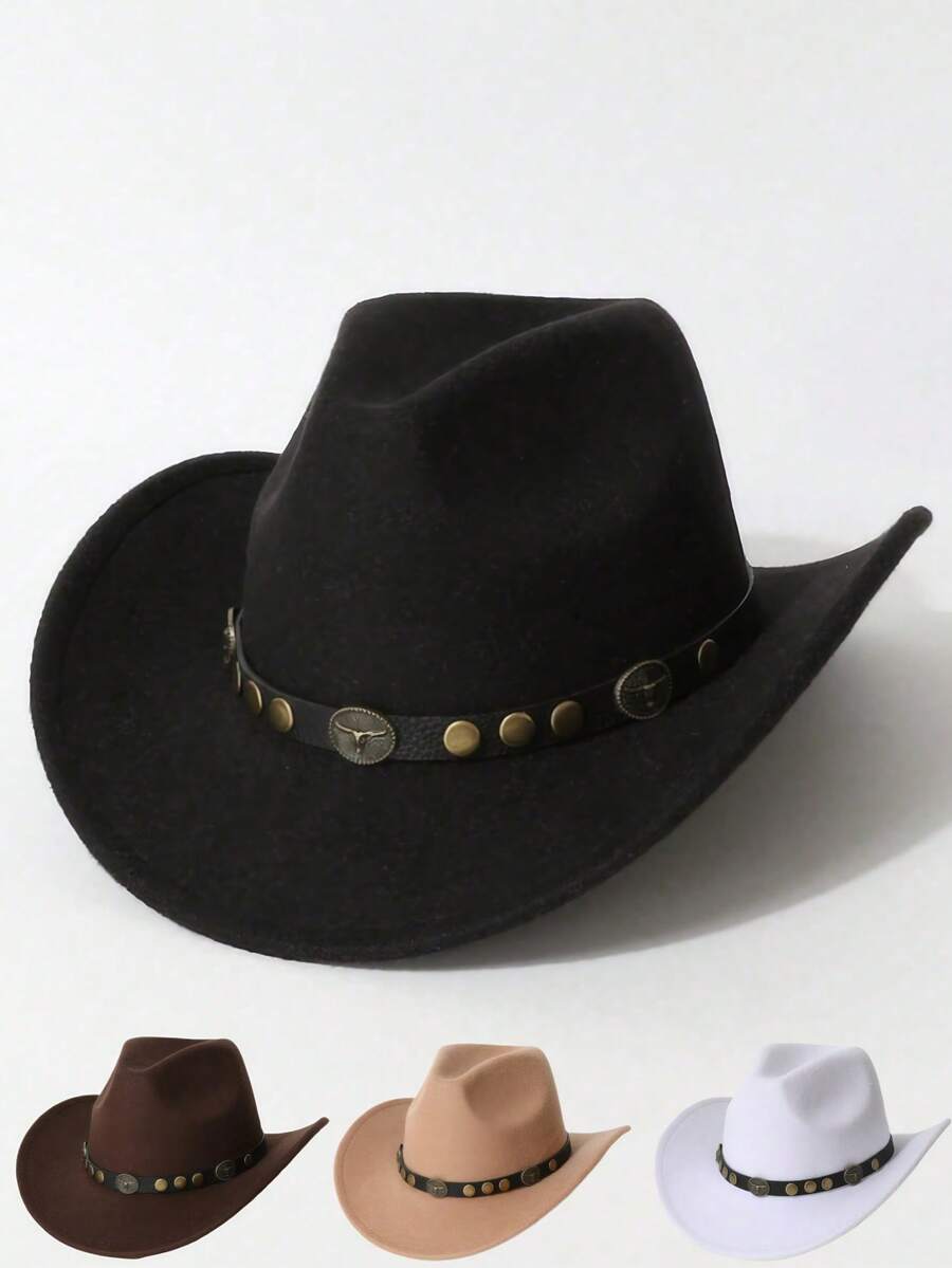 This Is A Solid-Colored Western Cowboy Hat Suitable For Both Men And Women, Featuring Detachable Rivet Inlay Decorations. Suitable For Cowboy-Themed Events, Vintage Parties, Cosplay, Fashion Nights, Festivals, Bachelor Parties, Birthday Celebrations, Stage Performances, And Daily Wear - Round Nail Bull Head Hat - View 1