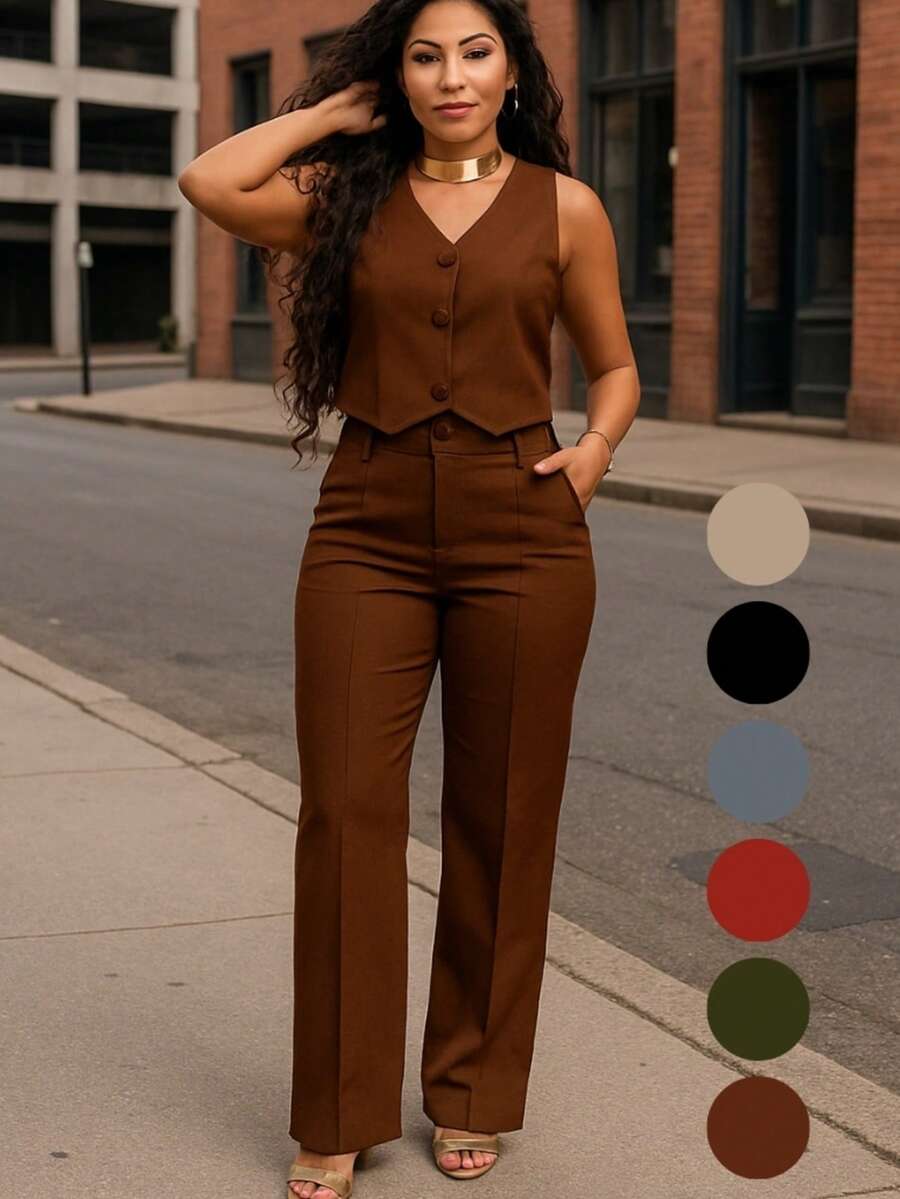 Women's Tailored Set, V-Neck Vest And Elegant Pants, Casual Fashion Blogger - Rust Brown - View 1