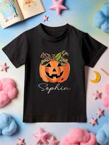 Custom Name Halloween Shirt For Kids, Personalized Coquette Pumpkin Toddler & Youth Halloween Girls T-Shirt, Spooky Season Toddler Tee, Halloween Matching Family. CU-90 - màu đen - Xem 1