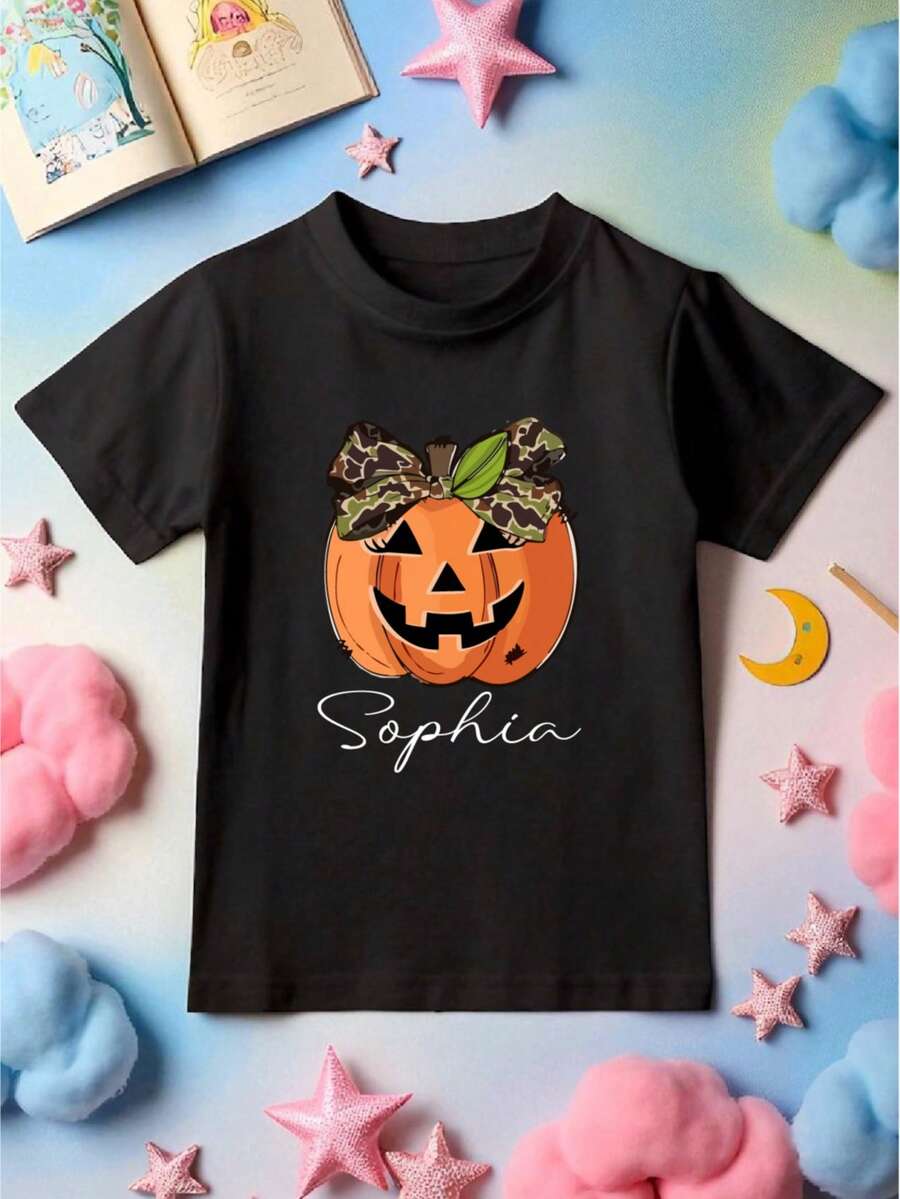 Custom Name Halloween Shirt For Kids, Personalized Coquette Pumpkin Toddler & Youth Halloween Girls T-Shirt, Spooky Season Toddler Tee, Halloween Matching Family. CU-90 - màu đen - Xem 1