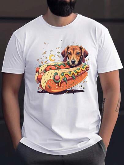 Men's Dachshund Hot Dog Graphic Tee - Casual Polyester Crew Neck T-Shirt, Machine Washable